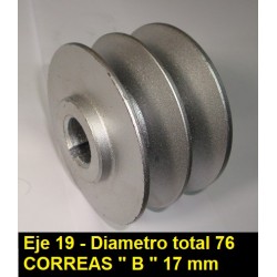 Polea Motor Doble Canal Interior 19 mm Exterior 76 mm   CANAL 17 mm Honda GX 140 160 200 eje cilindrico
